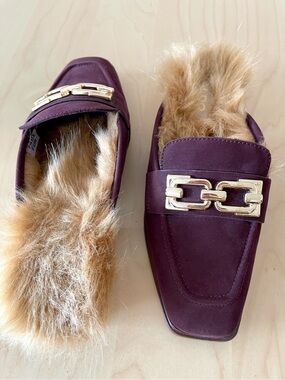 Aldo Burgundy - Real Suede, Faux Fur Mule with Gold Chain Detail